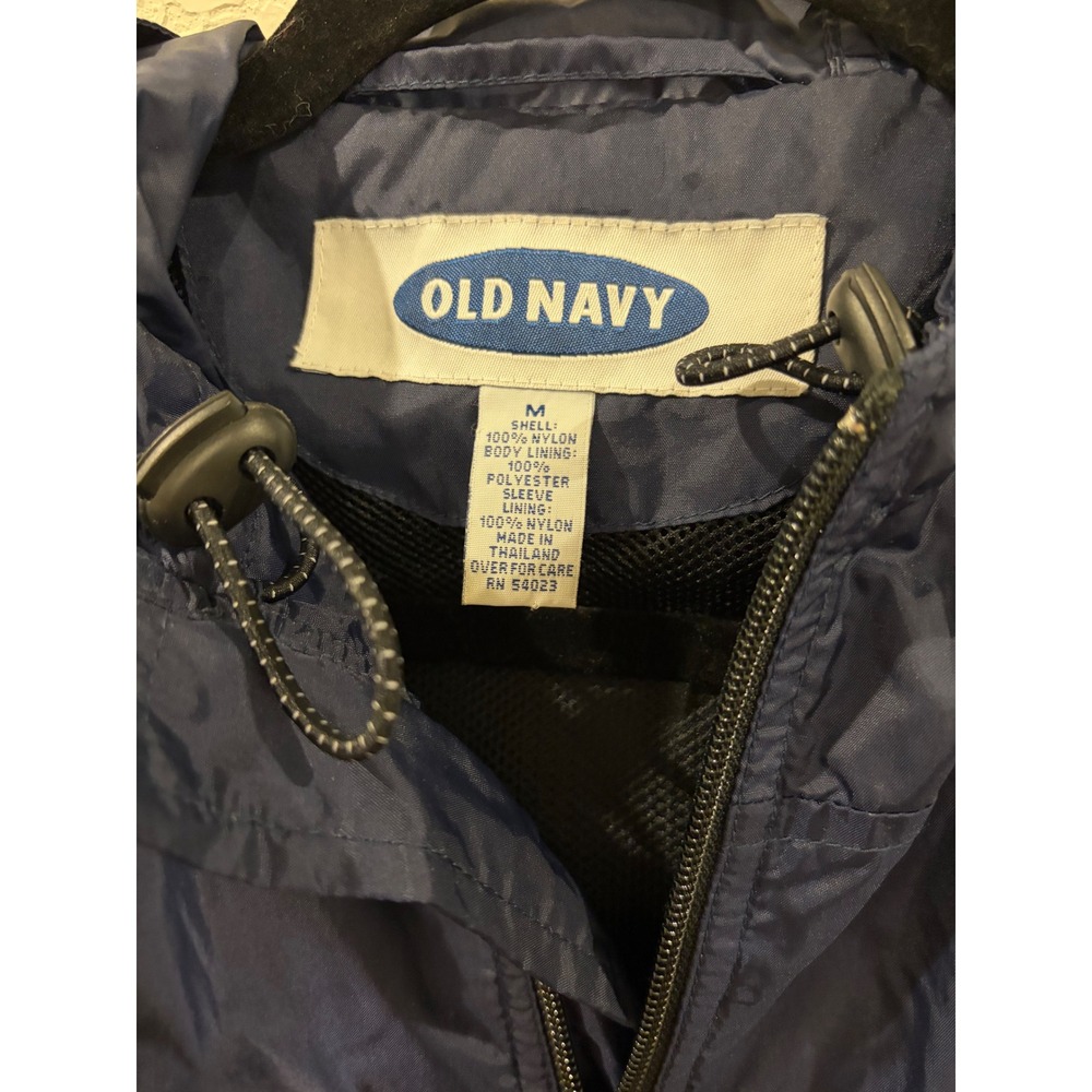 Vintage Old Navy Mens Windbreaker Jacket Navy Blue Striped Sleeve Hooded - Picture 3 of 7
